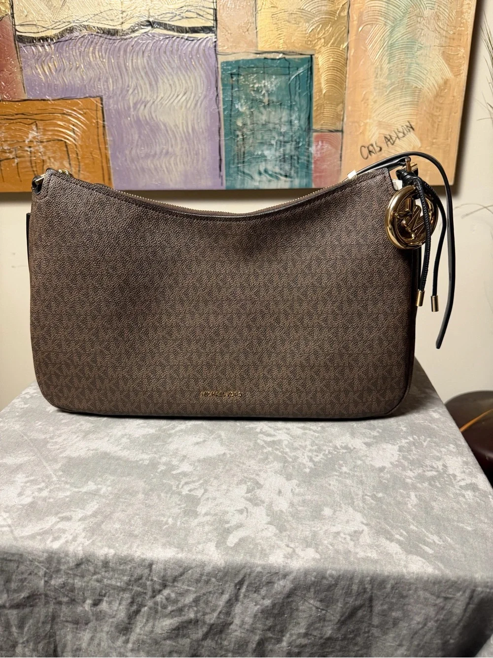 Michael Kors Hobo Brown Logo-Pattern Shoulder Bag with Black Strap